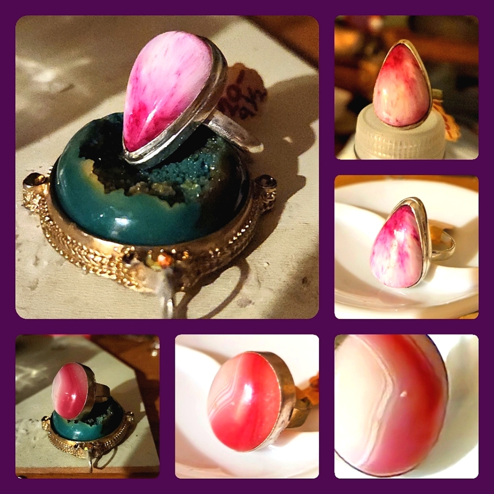 2 Fantastic Pink And White Rings. A Teardrop-Shape Seraphinite/Oval Lined Agate.